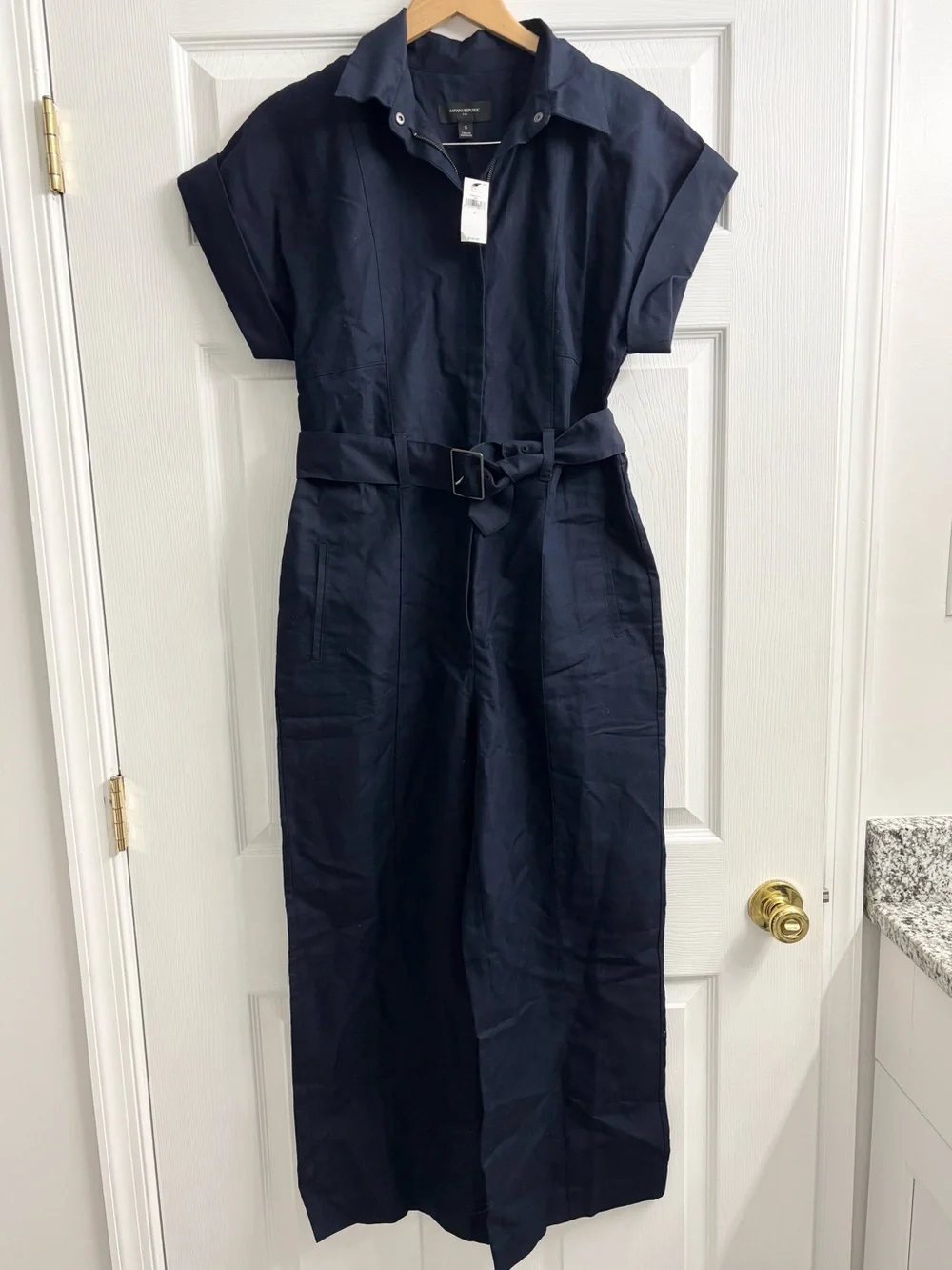 Banana Republic Workwear Jumpsuit Wide Leg Belted Navy Blue Small Zip Linen NWT